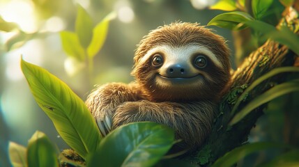 Fototapeta premium Sloth Cute and Happy in the Jungle - Generative AI
