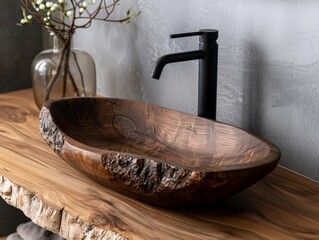 Wooden Sink with Black Faucet