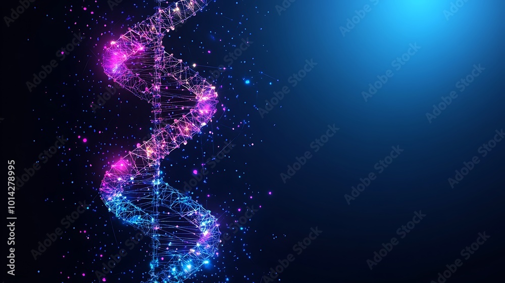 Aufkleber Abstract DNA double helix structure with glowing particles and copy space on blue background.