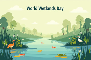 World Wetlands Day Illustration: Scenic Marsh Landscape with Wildlife and Aquatic Ecosystem for Environmental Conservation Awareness