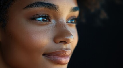 Generative AI illustration of closeup of young African American woman face with perfect skin smiling and looking away against black background