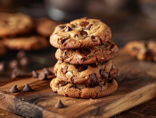 Obraz premium Chocolate Chip Cookies Stacked on Wooden Board