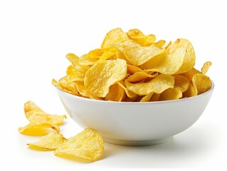 Crispy Potato Chips in a White Bowl Isolated On White Background