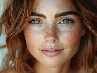 closeup portrait of young woman with freckles and blue eyes  smiling  - red hair  - beauty - natural light