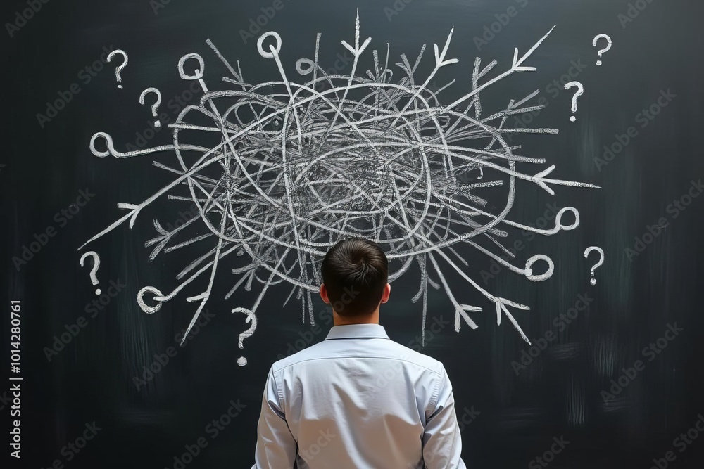 Wall mural complex problem solving illustration: businessman facing intricate web of ideas and questions on cha