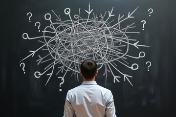 Complex Problem Solving Illustration: Businessman Facing Intricate Web of Ideas and Questions on Chalkboard