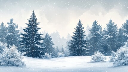 Fototapeta premium Winter landscape background. Snowing forest with fir trees on a snowy day.