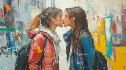 Fototapeta premium portrait of two young women walking and kissing