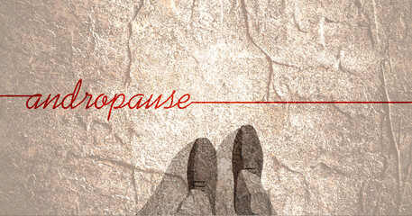 Obraz premium Andropause theme graphic work. Top view feet of businessman in black shoes. Symptoms middle-aged men testosterone level