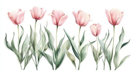 Delicate Pastel Watercolor of Soft Pink Tulips on White Background