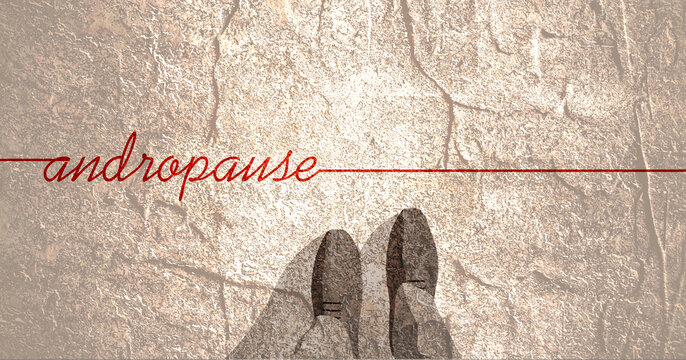Andropause theme graphic work. Top view feet of businessman in black shoes. Symptoms middle-aged men testosterone level