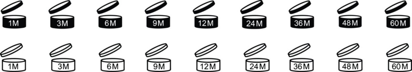 Period after open icons set. Pao symbols. Round box with cap opened. Expiration period in months signs for cosmetic packaging on transparent background.
