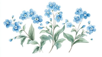 Delicate Watercolor Vector of Light Blue Forget-Me-Nots with Soft Green Foliage on White Background - Hand-Drawn Floral Illustration