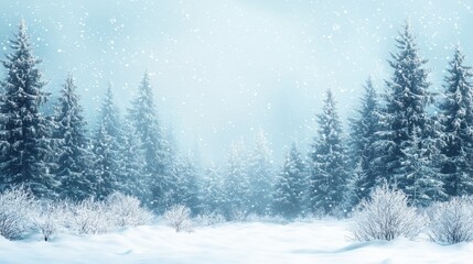 Fototapeta premium Winter landscape background. Snowing forest with fir trees on a snowy day.