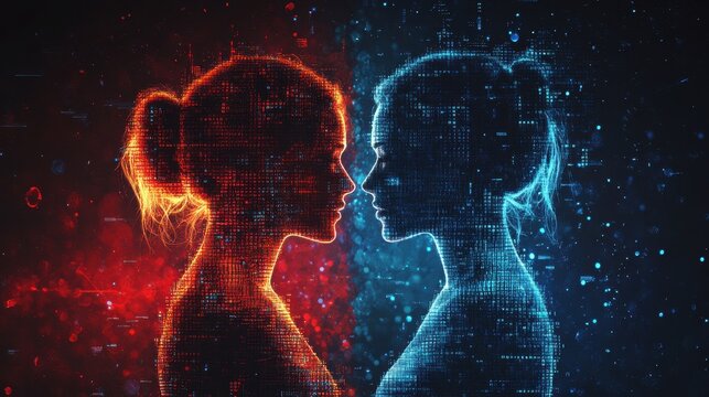 Silhouette of a man and woman in profile, set against a digital code background with blue and red contrast, futuristic technology with binary data and artificial intelligence