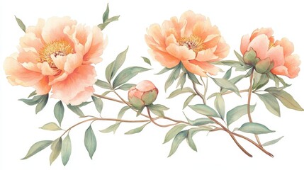 Delicate Watercolor Peonies in Peach with Green Leaves on White Background