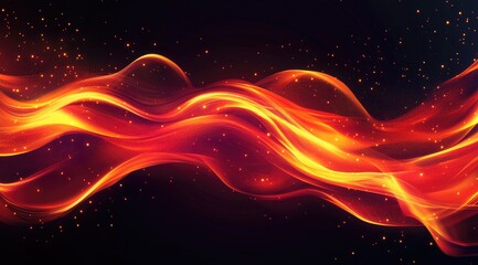 Obraz premium Abstract wavy fire flame design on black background with glowing particles.