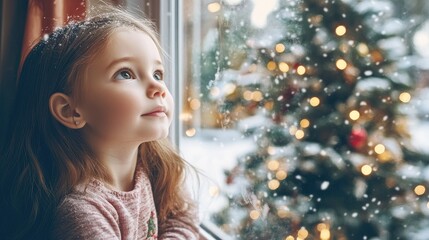 A little girl looks out a window at a Christmas tree with snow falling outside.