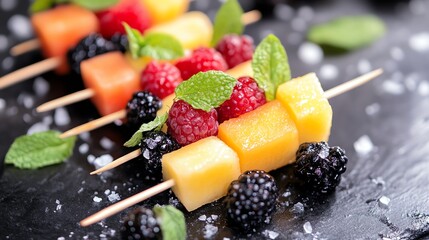 Colorful fruit skewers with mint on a dark slate background.