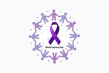 World Leprosy Day Awareness: Purple Ribbon Symbol Surrounded by United Humanity