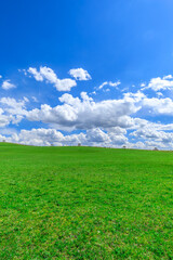 Green grassland and sky clouds nature background