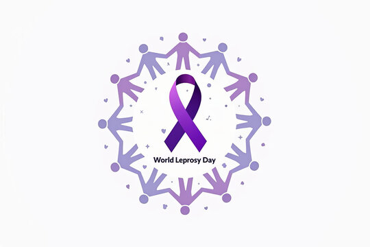 World Leprosy Day Awareness: Purple Ribbon Symbol Surrounded by United Humanity