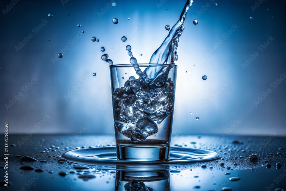 Wall mural water splashing into glass on blue background for refreshment