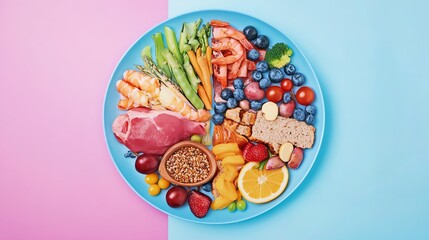 Colorful healthy food platter featuring fruits, vegetables, and protein on a blue background.