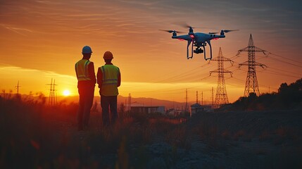 Two Construction Workers Watching a Drone Fly Over Power Lines at Sunset