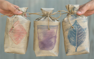 Hand Holding Colorful Shopping Bags on Blue Background