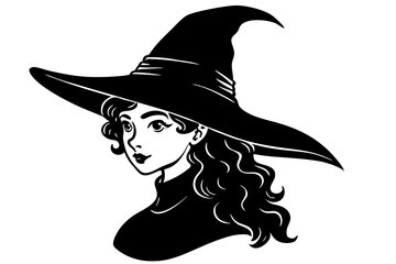 Beautiful curly witch girl in pointy silhouette vector art illustration 