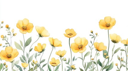 Vibrant Watercolor Vector of Yellow Buttercups and Green Foliage in Floral Pattern on White Background