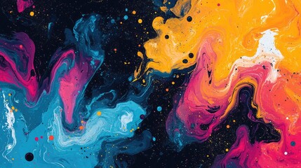 Obraz premium Abstract art with blue, pink, yellow and white paint swirling on black background with dots.