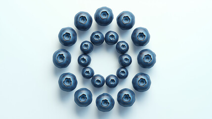 A perfectly symmetrical arrangement of blueberries forming a circular pattern on a white background.