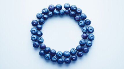 Fototapeta premium A perfectly symmetrical arrangement of blueberries forming a circular pattern on a white background.