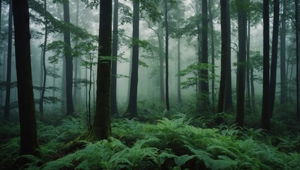Fototapeta premium Foggy Forest with Tall, Slender Trees and Moss-Covered Ground