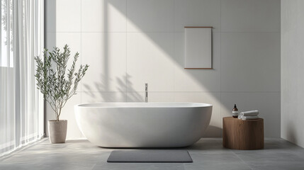 Fototapeta premium Interior of luxury bathroom with gray walls, concrete floor, comfortable bathtub, minimalist bathroom