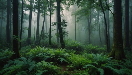 Fototapeta premium Serene Misty Forest with Tall Trees and Lush Green Foliage Under Dense Fog