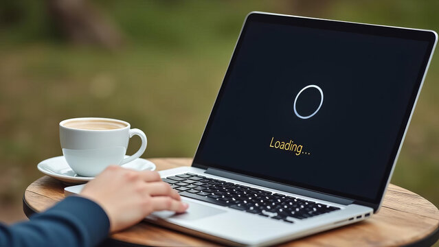 Laptop Loading Screen Outdoors: Mobile Office Setup in Nature for Remote Work and Digital Nomad Lifestyle