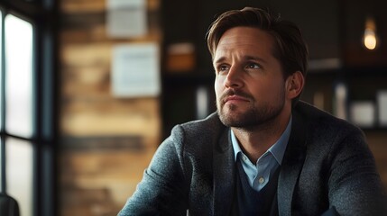 A Man in a Blazer Looking Upwards with a Pensive Expression