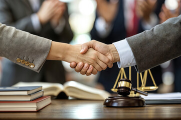 Lawyers shaking hands after winning trial with jury applauding