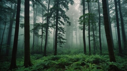 Obraz premium Misty Forest with Dense Coniferous Trees and Lush Foliage in a Tranquil Setting