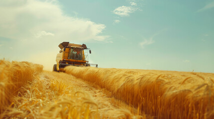 Fototapeta premium Combine harvester in a golden wheat field during harvest season, clear sky.