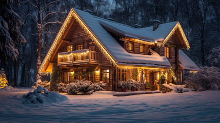 Cozy cottage in a snowy winter forest, lit by warm lights and surrounded by tall trees.New Year winter background.Christmas card with a sense of holiday magic and peace.