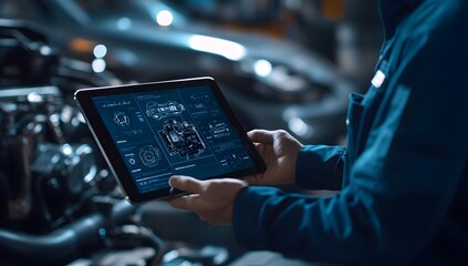 A mechanic uses a tablet to diagnose a car engine problem in a repair shop.