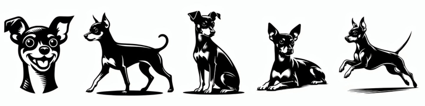 Miniature pinscher dog vector silhouette collection set, dog icon symbol clip art illustration