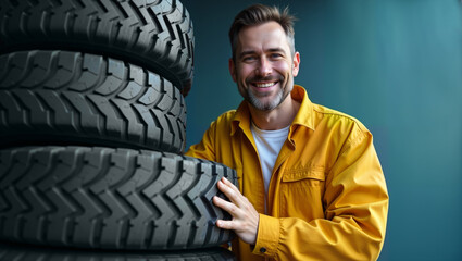 A smiling man in a bright yellow jacket stands confidently next to a stack of tires, showcasing his expertise in the automotive industry. This image is ideal for car service promotions, mechanic blogs