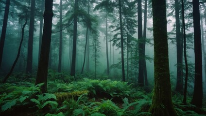Fototapeta premium Dense Misty Forest with Tall Trees Reaching into the Foggy Sky