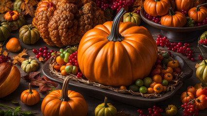 Thanksgiving day concept background, Thanksgiving day dinner table setting design, Thanksgiving day foods and desserts, ai generated