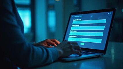 Online Registration Form: Secure Digital Enrollment Process on Laptop Screen in Dark Office Environment for Efficient Data Collection and User Management